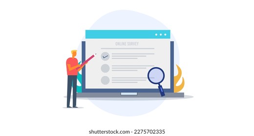 A man participating in an online survey, Business taking surveys from customers, Business website with checklist