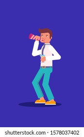 Man with party horn flat vector illustration. Person holding festive supply, accessory. Student, young teenager male cartoon character celebrating holiday. New Year, Christmas celebration