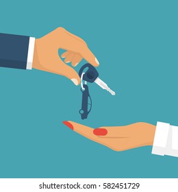 Man pass car keys female. Give, take the car key. Buy, rent a vehicle. Woman driving. Vector illustration flat design. Isolated on background.  