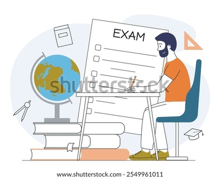 Man pass exam. Young guy sits at table and writes correct answers. Examination and test. Education and training, student doing homework. Linear vector illustration isolated on white background