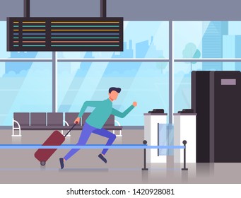 Man passenger character running and late at airplane. Vector flat graphic design cartoon illustration