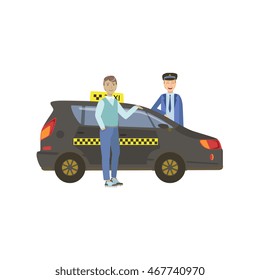 Man Passenger And Driver Standing Next To Black Taxi Car