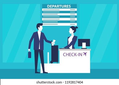 Man passenger at international airport check-in desk with airline representatives woman attending for the checking in and boarding ticket. Eps10 Vector illustration Minimalist white blue flat business