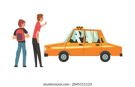 Man Passenger and Orange Taxi Cab Vector Illustration