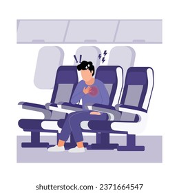 Man passenger sitting in airplane seat and suffering from panic attack. Vector cartoon illustration.