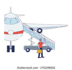 Man passenger taking selfie while boarding plane. Cartoon male character make photo on smartphone over airplane ladder background before departure. Linear vector illustration