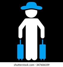 Man Passenger vector icon. Style is bicolor flat symbol, blue and white colors, rounded angles, black background.