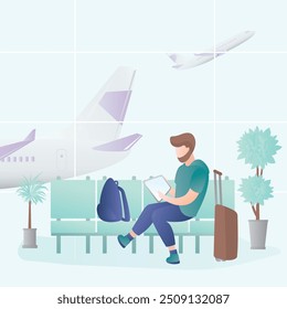 El pasajero del hombre está esperando la salida en el aeropuerto, carácter masculino con el artilugio y el equipaje, avión en el fondo, Ilustración vectorial plana en estilo de moda