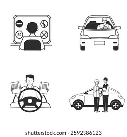 Man passes car driving test and gets license. Set of cartoon vector sketches in doodle style