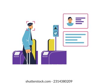 Man passes through turnstile with face recognition flat style, vector illustration isolated on white background. Biometrics and modern technologies, identification, check