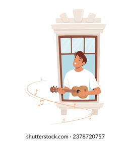 Man Passionately Strums His Guitar in Window, Bathed In Warm Light. His Music Resonates With Emotion. Male Character Inviting Neighbors Into His World Of Melody. Cartoon People Vector Illustration