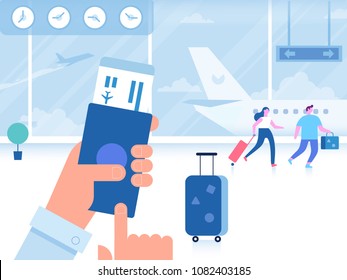 Man with passport and boarding pass waiting flight inside of airport. Travel Concept. Flat Vector Illustration.