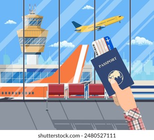 Hombre con pasaporte y tarjeta de embarque esperando vuelo dentro del aeropuerto con un avión, torre de control, paisaje urbano en el fondo. Ilustración vectorial en diseño plano.