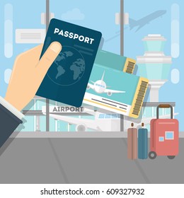 Man with passport and boarding pass waiting flight inside of airport with a plane. Travel, vacation, Business trip concept. Vector illustration in flat design.