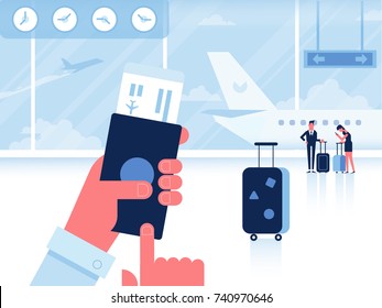 Man with passport and boarding pass waiting flight inside of airport. Infographics elements.  Travel Concept. Flat Vector Illustration.