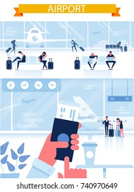 Man with passport and boarding pass waiting flight inside of airport. Airport horizontal Banner - waiting room with people.Infographics elements. Travel Concept. Flat Vector Illustration.