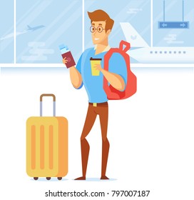 Man With Passport And Boarding Pass Waiting Flight Inside Of Airport. Treveler Man Character With Luggage. Vacation. Travel Concept. Flat Vector Illustration.