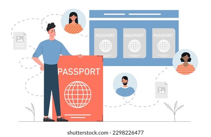 Man with passport. Document for travel and immigration, id with photo and signature. Data and personal information. Template, layout and mock up. Cartoon flat vector illustration