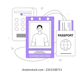 Man with passport line concept. Young guy inside picture for documents. Travel and tourism. Relocation and migration. International flights and foreign passport. Linear flat vector illustration