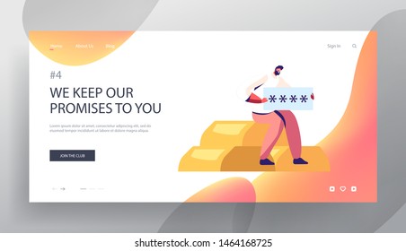 Man with Password Sitting on Golden Ingots, Concept of Security, Personal Access, User Authorization, Login, Money Protection Website Landing Page, Web Page. Cartoon Flat Vector Illustration, Banner