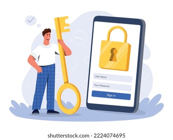 Man with password. Young guy with key stands in front of smartphone with lock. Internet security, authentication and verification. Safety and protection concept. Cartoon flat vector illustration