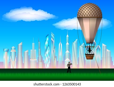 a man from the past next to a air balloon examines the modern city of the future with skyscrapers. Fantasy Vector Illustration