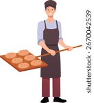 Man pastry chef in apron and protective hat presenting trays with loafs of bread. Cartoon baker character vector flat illustration. Bakery shop products. Bread baking process concept