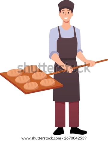 Man pastry chef in apron and protective hat presenting trays with loafs of bread. Cartoon baker character vector flat illustration. Bakery shop products. Bread baking process concept