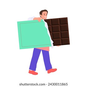 Hombre pastelero pequeño personaje de dibujos animados sosteniendo barra de chocolate gigante aislado sobre fondo blanco