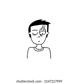 Man With A Patch On His Eyelid Opens His Eyes. Funny Portrait Of Tired Person. Cartoon Character Illustration.