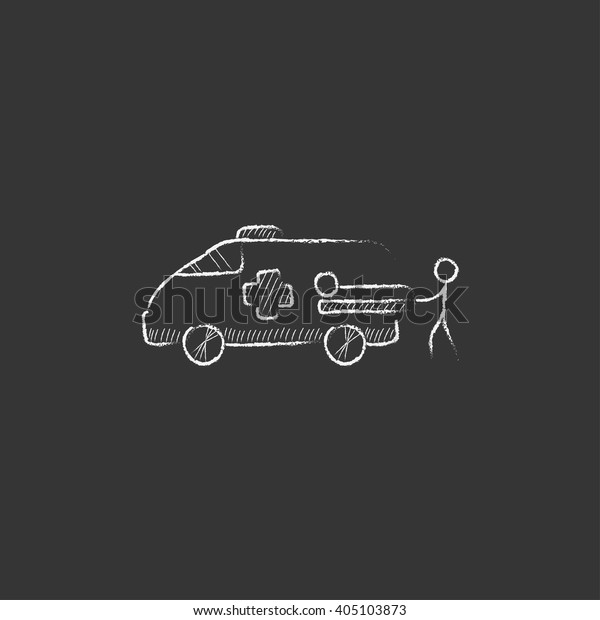 Man\
with patient and ambulance car. Drawn in chalk\
icon.