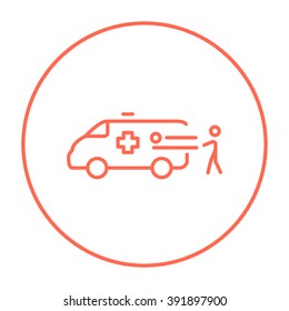 Man with patient and ambulance car line icon.