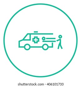 Man with patient and ambulance car line icon.