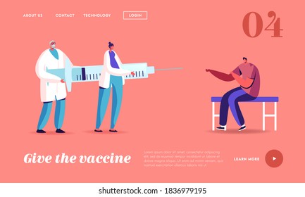 Man Patient Applying Drug against Virus and Disease Landing Page Template. Injection or Vaccination Concept. Tiny Doctor Characters Hold Huge Syringe with Vaccine. Cartoon People Vector Illustration