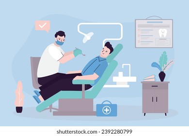 Man patient in chair in dental clinic or hospital with dentist. Healthcare. Dentist in dental room interior with furniture, patient on chair, male doctor performing operation. flat vector illustration