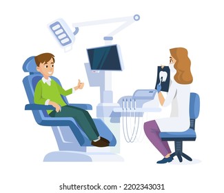 Man patient in a chair in a modern dental clinic or hospital with a dentist. The client is happy. Woman doctor holding an x-ray of a tooth. Teeth care concept icon. Cartoon style vector illustration.