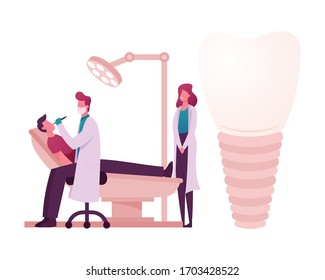 Man Patient Character Lying in Medical Chair in Stomatologist Cabinet with Equipment. Doctor Dentist Install Dental Implant or Conduct Oral Check Up or Treatment. Cartoon People Vector Illustration