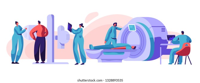 Man Patient Check Xray Mri Health Concept. Medical Radiology Screen Machine for X Ray Radiation Skeleton Chest Checkup. Character Scan Bone in Radiographer Equipment Flat Cartoon Vector Illustration