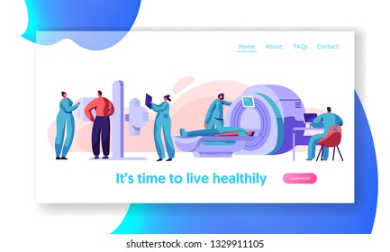 Man Patient Check Xray Mri Health Landing Page. Medical Radiology Screen Machine X Ray Radiation Chest Checkup. Bone Scanner Radiographer Equipment Website Or Web Page Flat Cartoon Vector Illustration