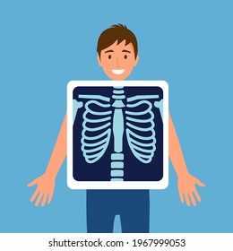 Man Patient With Chest Xray Radiology In Flat Design. Chest Rib Skeleton In Medical X-ray Film.