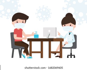 man patient at a doctor consultation in clinic office. Doctor Consultation and diagnosis of epidemic virus wuhan coronavirus 2019-ncov pandemic medical health risk concepts Vector illustration flat.