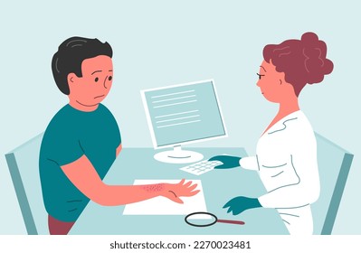 Man patient at the doctor. Woman dermatologist. Dermatitis on human skin. Dermatological disease. Allergic reaction. Medical diagnostics and treatment. Cartoon vector illustration