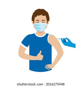 Man patient during coronavirus vaccine injection vector. Man wearing medical mask on face and with thumb up icon. Young man getting Covid-19 vaccine shot icon isolated on a  white background