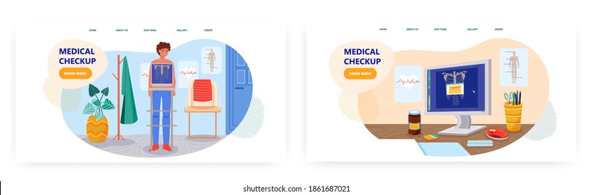 Man Patient In Hospital Doing Chest Xray Screening. Medical Concept Vector Illustration. X-ray Scan Machine. X Ray Image On A Computer Screen In Doctor Office. Medical Checkup, Radiology