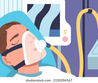 Man Patient in Hospital Having Artificial Lung Ventilation Being in Critical Condition Lying on Bed with Mask Vector Illustration