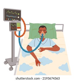 Man Patient in Hospital Having Artificial Lung Ventilation Being in Critical Condition Lying on Bed with Mask Vector Illustration