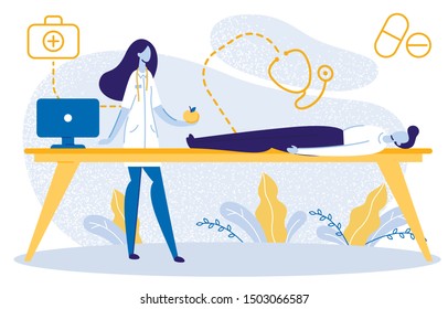 Man Patient Lying on Table and Having Medical Check up at Hospital Flat Cartoon Vector Illustration. Doctor Woman Doing Examination. Nurse Holding Apple and Talking about Diet. Healthy Lifestyle.