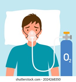 Man patient with oxygen therapy in flat design. Lung or respiratory system disease. Breathing problem.