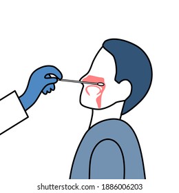 Man Patient Receiving A Covid19 Coronavirus Testing By Medical Staff, Doctor Or Nurse. DNA Test By Nose Swap Probe At Hospital In Line Art Vector.