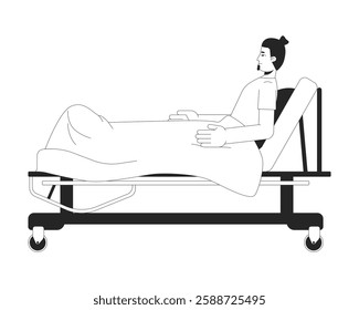 Man patient reclining on hospital bed with blanket black and white 2D line character. Hospitalization. Bedridden guy recovery in sickbed isolated vector outline person. Monochromatic spot illustration